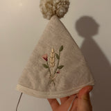 GRAND Chapeau de fête pompon NATUREL MIX : Broderie FLEURS